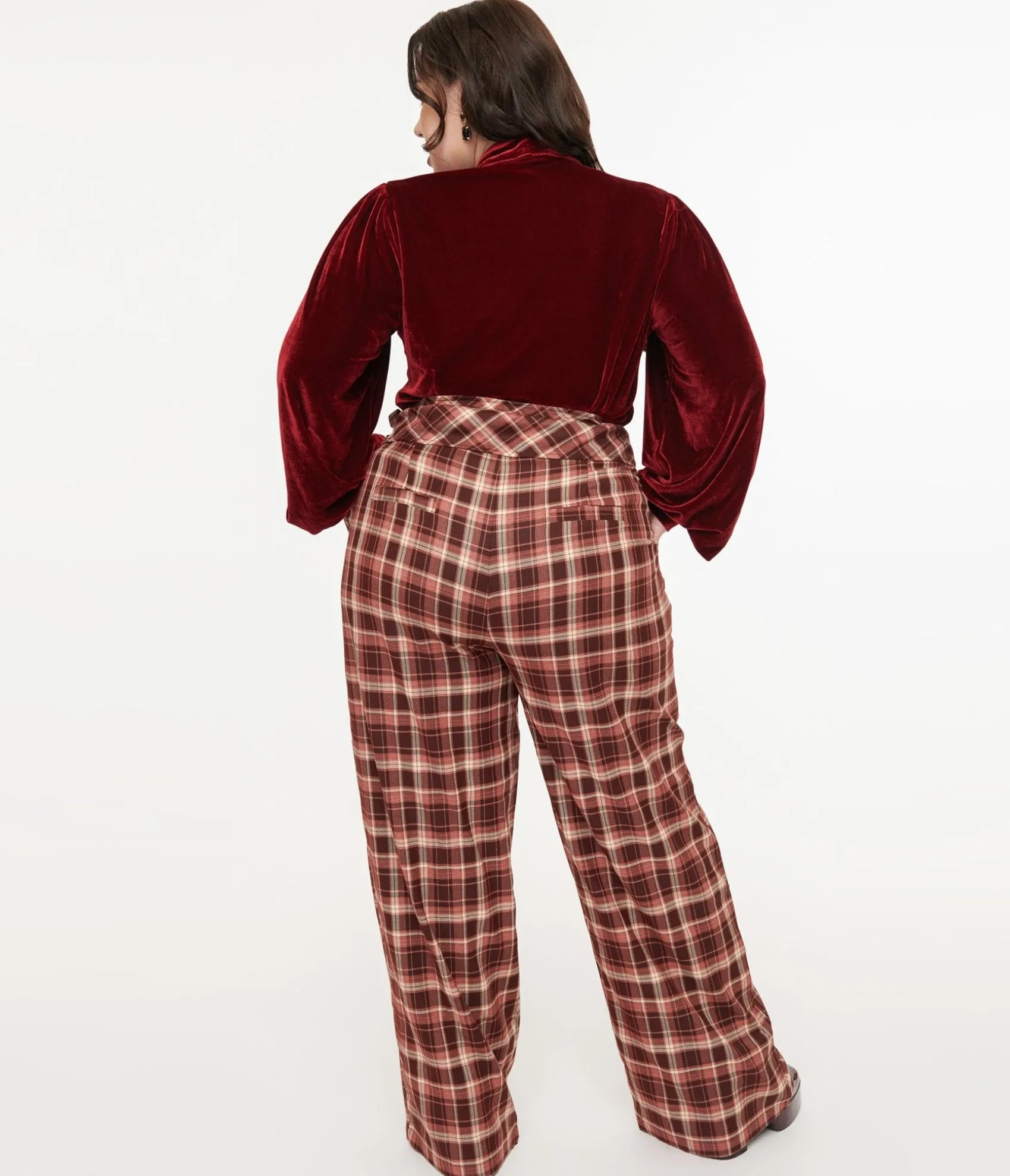 Unique Vintage Plus Size Burgundy Plaid Double Belt Woven Pants