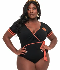 Unique Vintage Plus Size 1970s Black & Orange Pumpkin Surplice Bodysuit