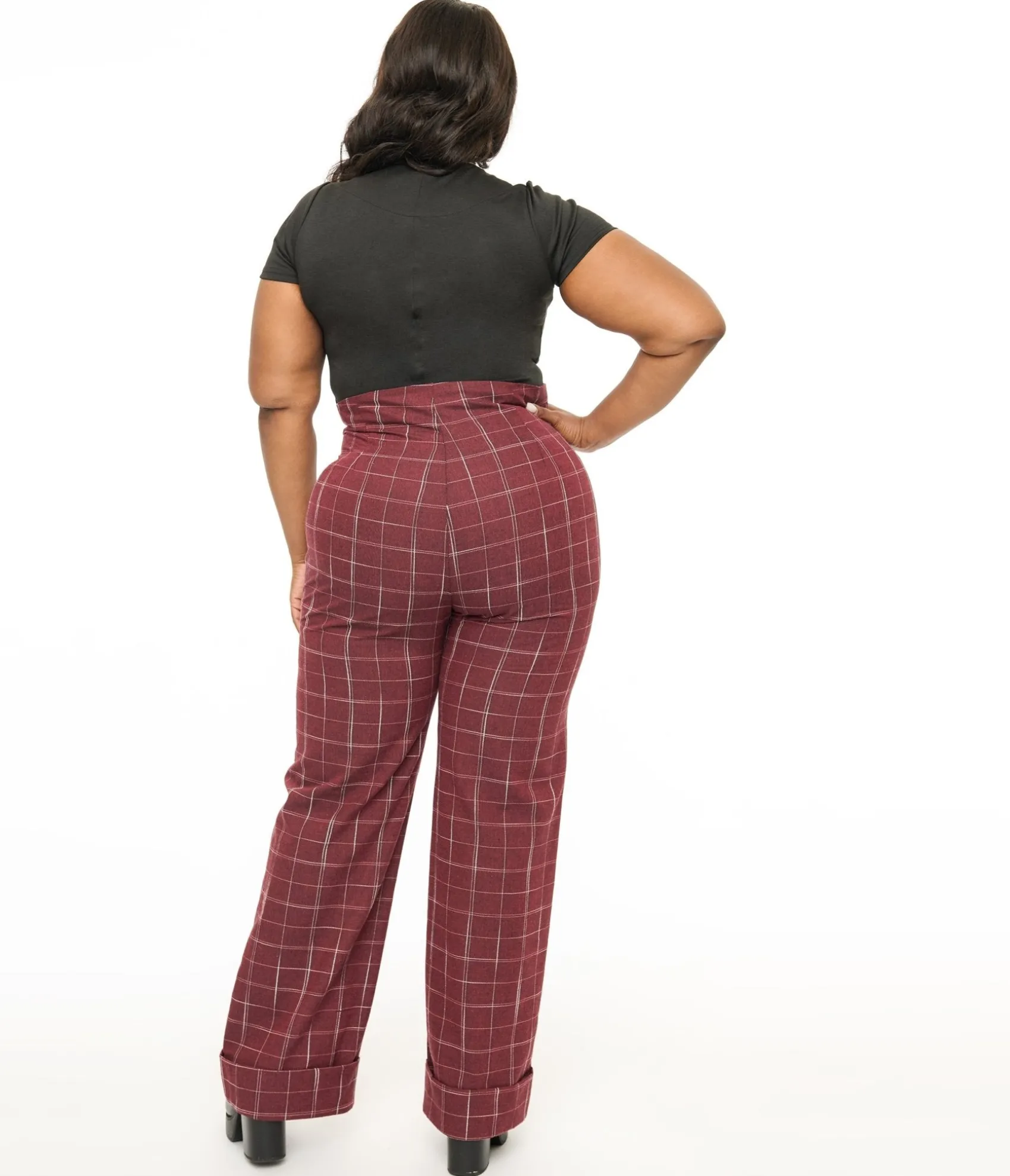 Unique Vintage Plus Size 1940s Burgundy Windowpane Buttoned Wide Leg Trousers