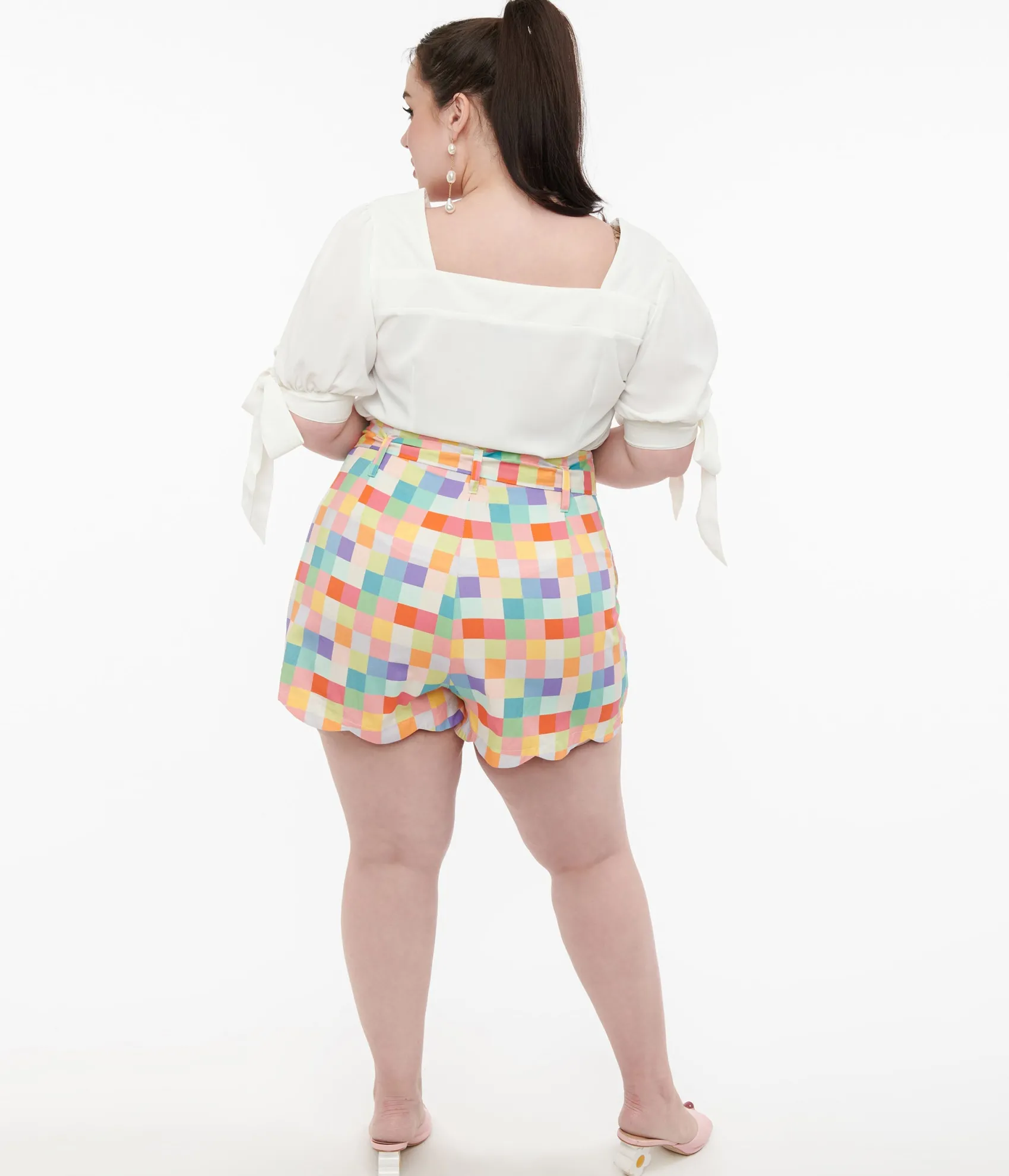 Unique Vintage Plus Size 1940s Rainbow Pastel Check Cotton High Waist Shorts