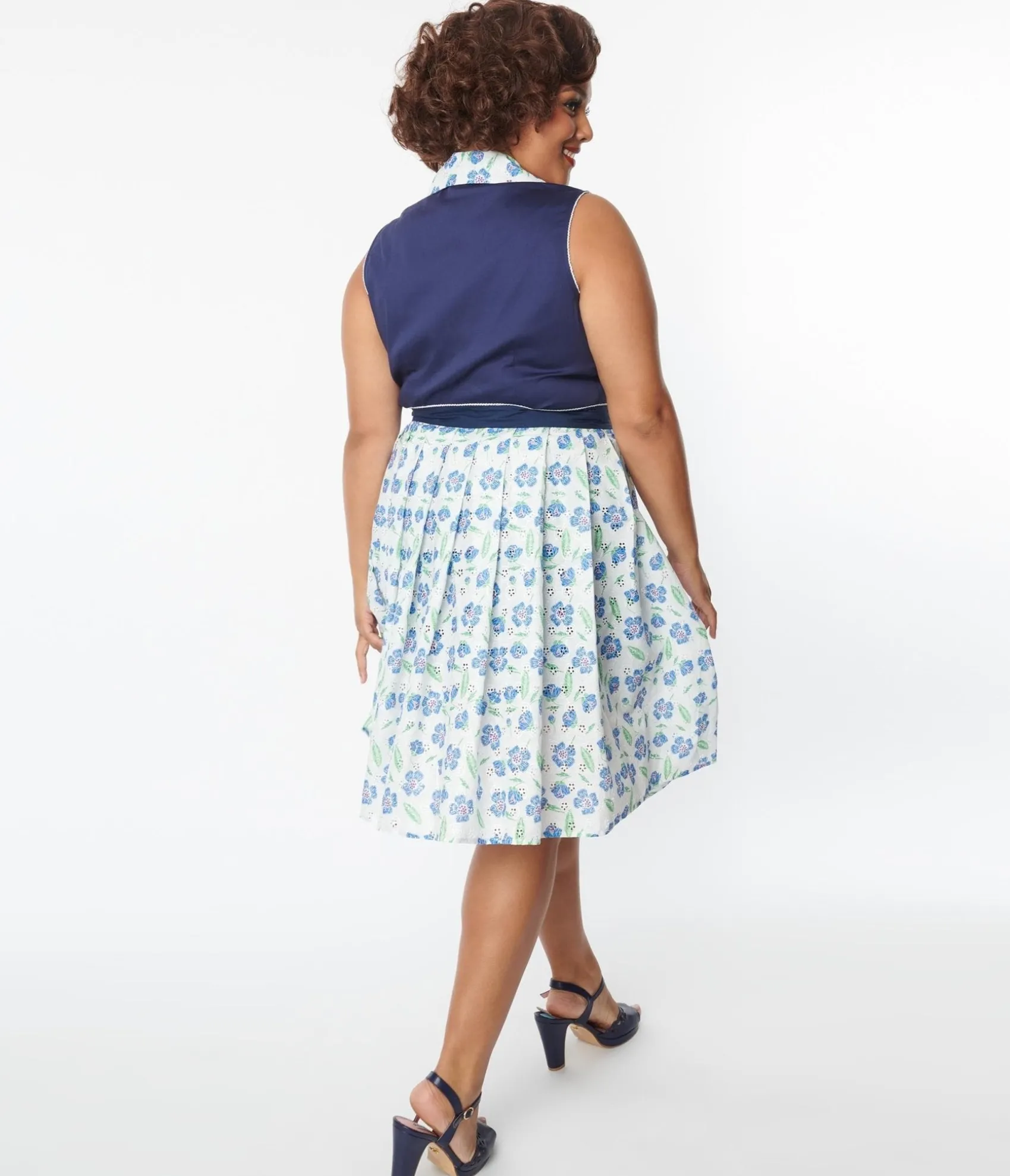 Unique Vintage Plus Size White & Blue Floral Eyelet Collins Wrap Swing Skirt