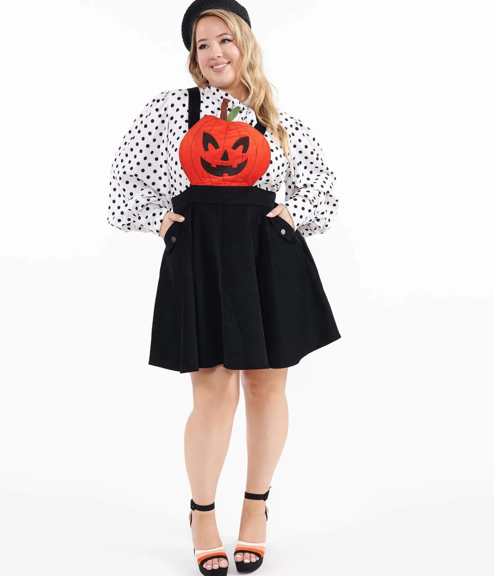 Unique Vintage Plus Size 1950s Black & Orange Jack-O-Lantern Pinafore
