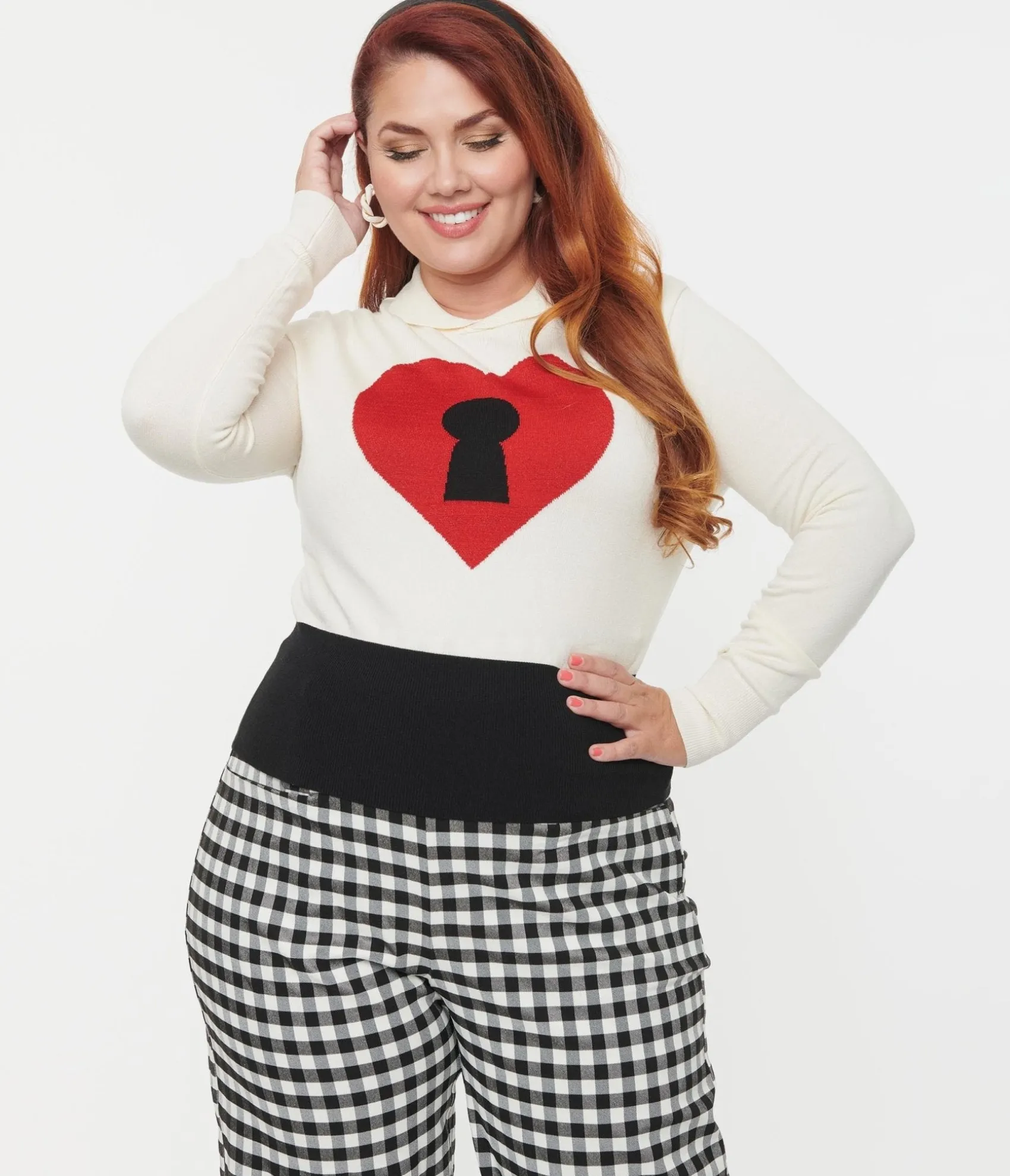 Unique Vintage Plus Size Cream & Red Locked Heart Sweater