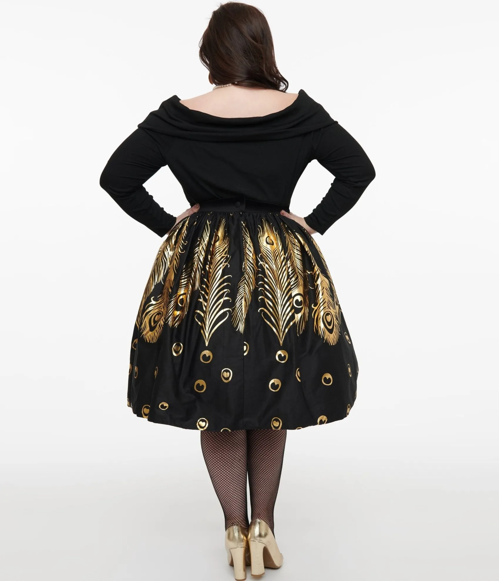Unique Vintage Plus Size 1950s Black & Gold Foil Feather Gellar Swing Skirt