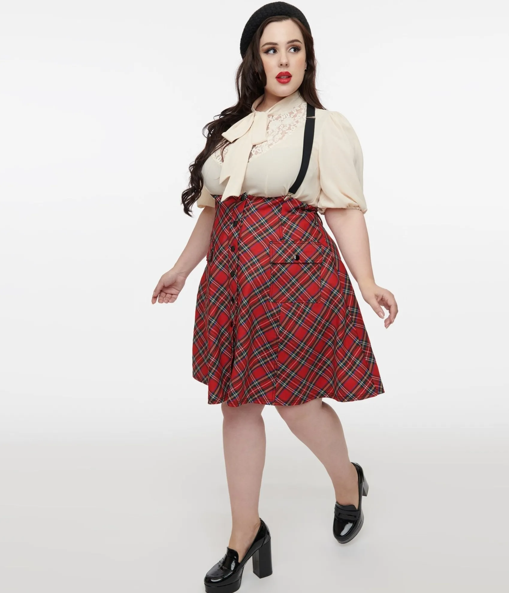 Unique Vintage Plus Size 1950s Red Bias Plaid Suspender Flare Skirt