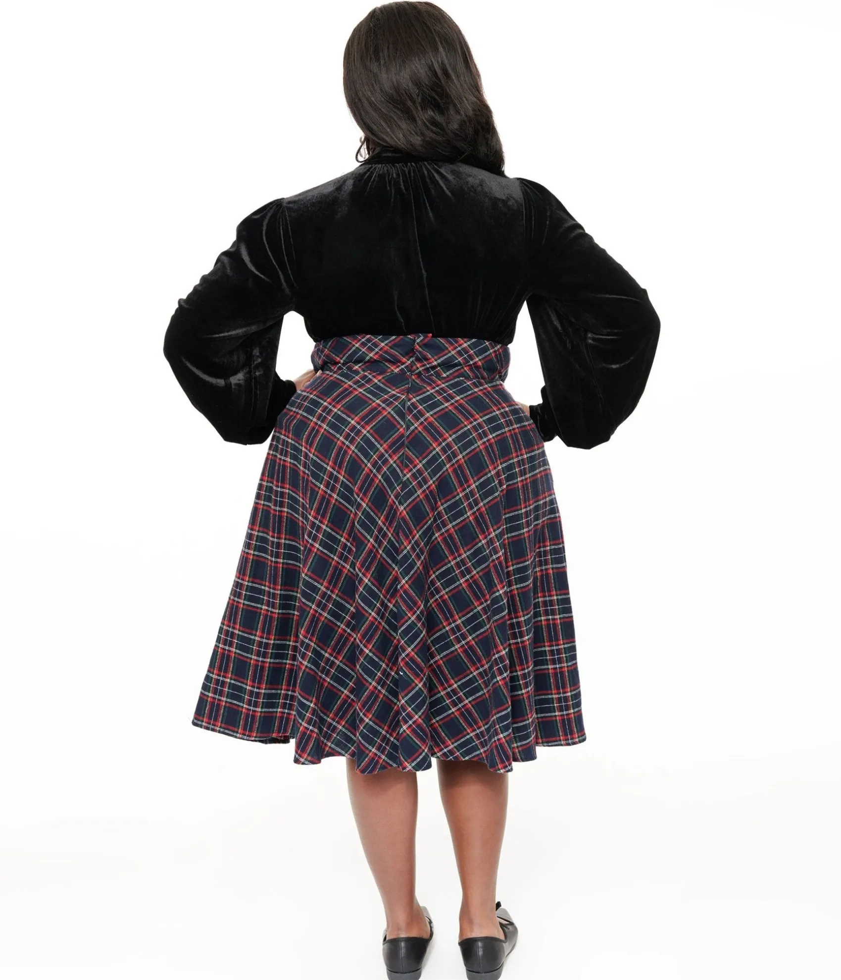 Unique Vintage Plus Size 1950s Navy & Green Plaid High Waist Vivien Swing Skirt