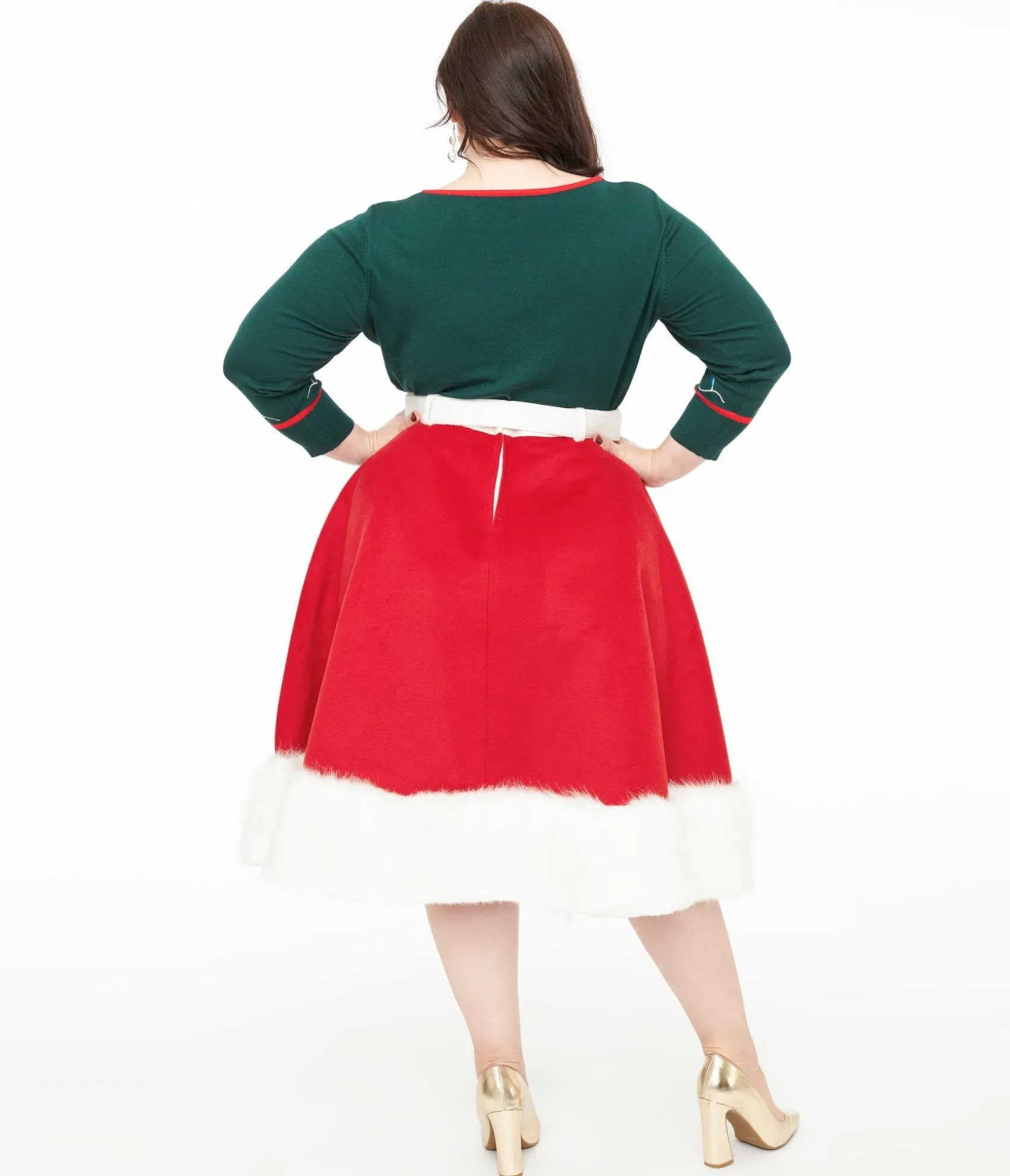 Unique Vintage Plus Size 1950s Red Felt & White Fur Snowflake Soda Shop Swing Skirt