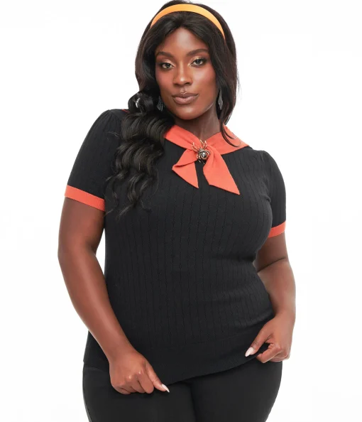 Unique Vintage Plus Size Black & Orange Spider Brooch Neck Tie Park City Sweater