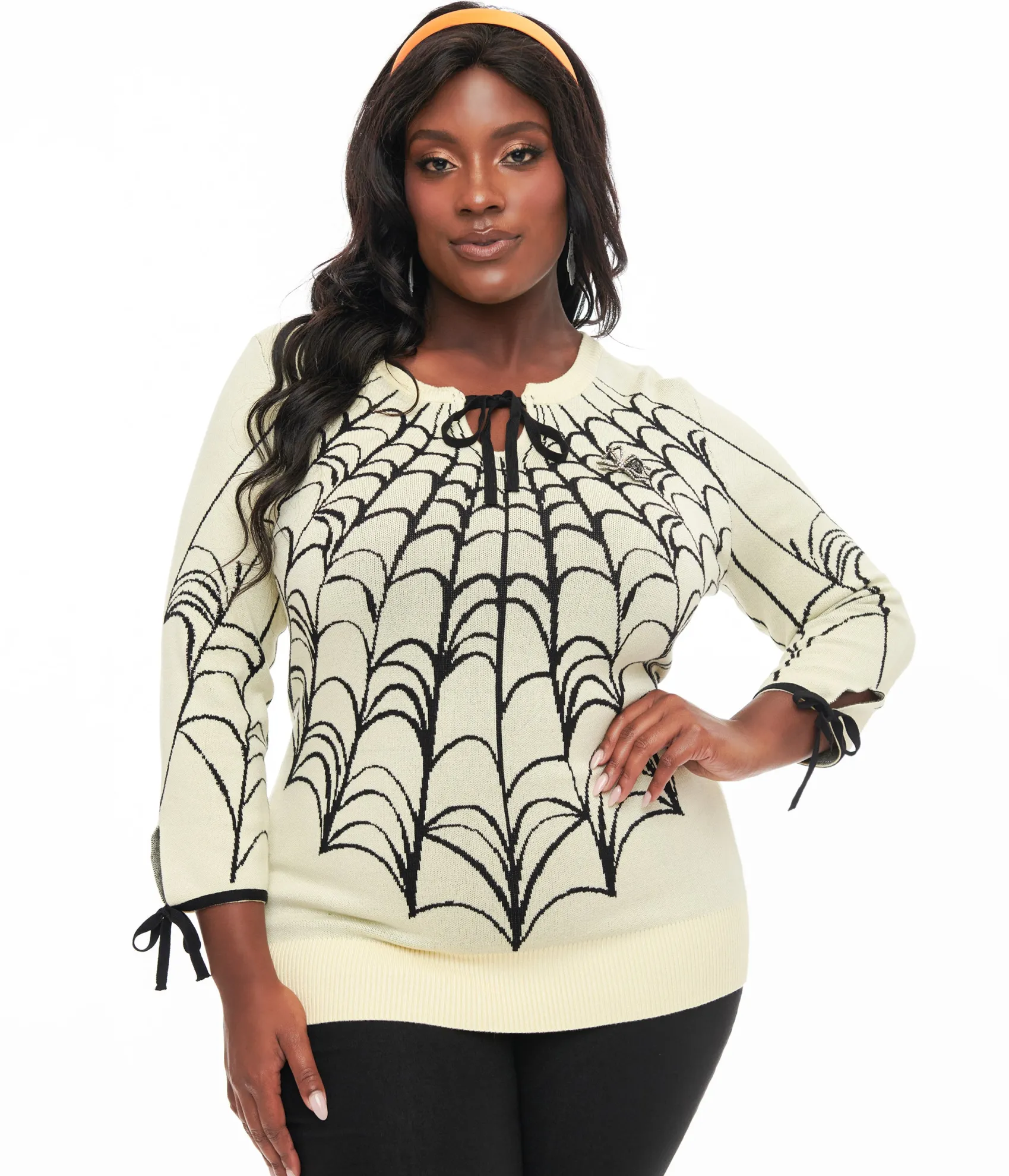 Unique Vintage Plus Size Cream & Black Spiderweb Keyhole Sweater