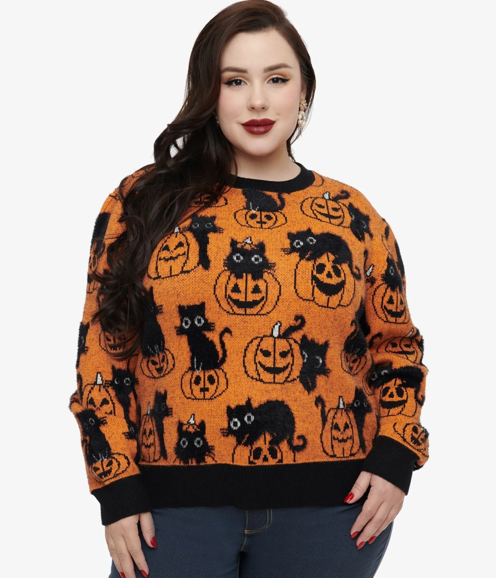 Unique Vintage Plus Size Orange Pumpkin & Black Cat Print Sweater
