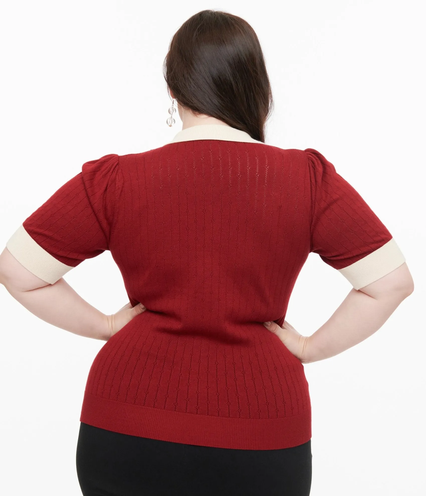 Unique Vintage Plus Size 1950s Burgundy & Rhinestone Buttons Prim & Pretty Sweater