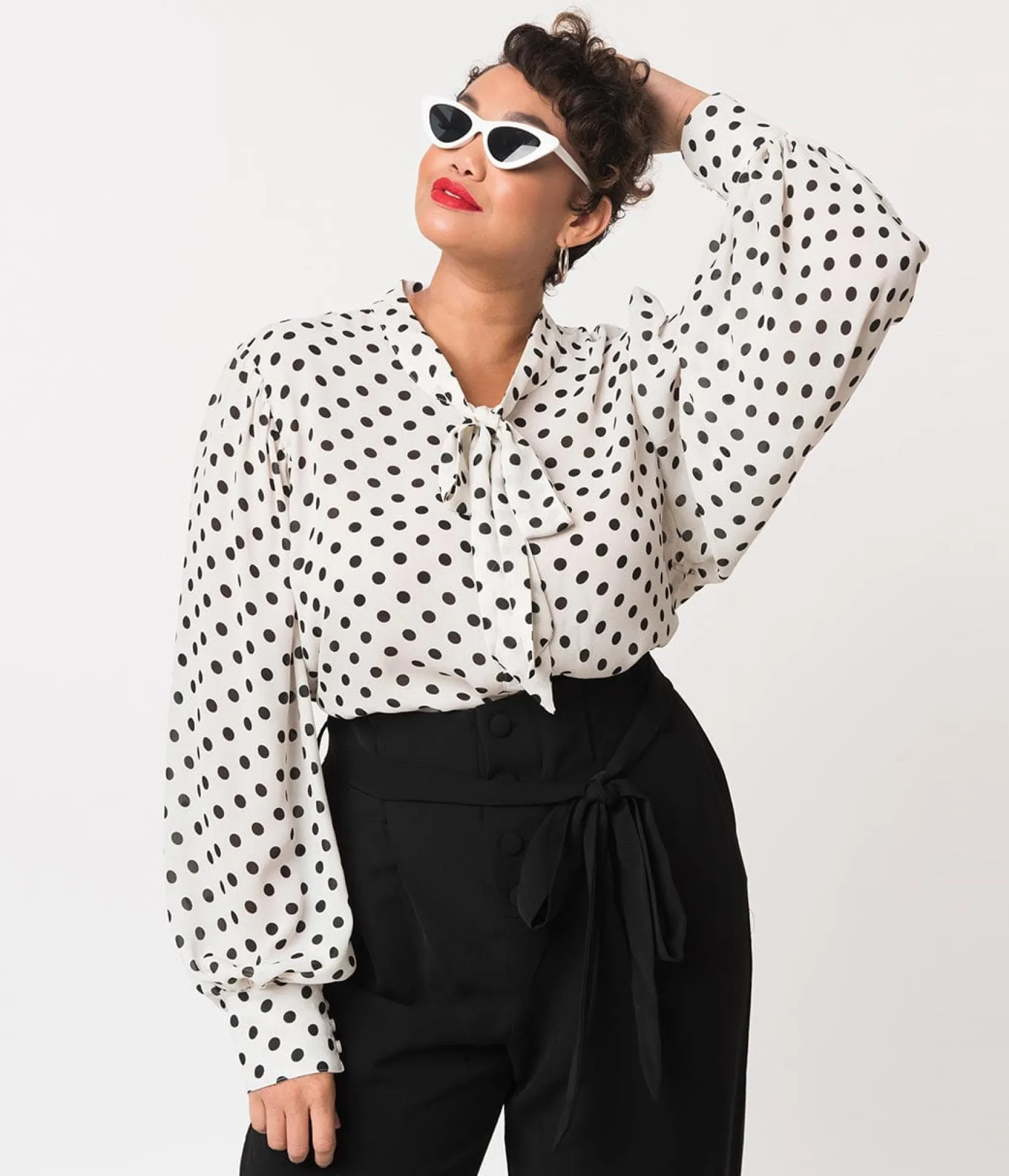 Unique Vintage Plus Size White & Black Polka Dot Neck Tie Gwen Blouse