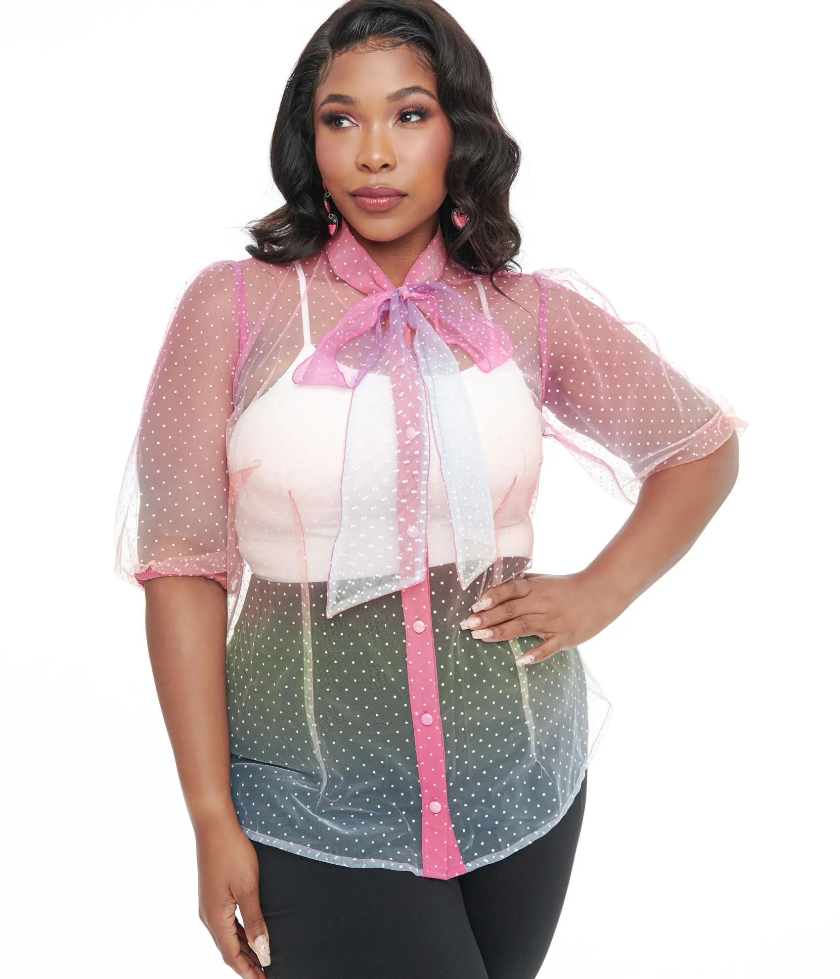 Unique Vintage Plus Size 1940s Sheer Rainbow Clip Dot Tie Neck Gwen Blouse
