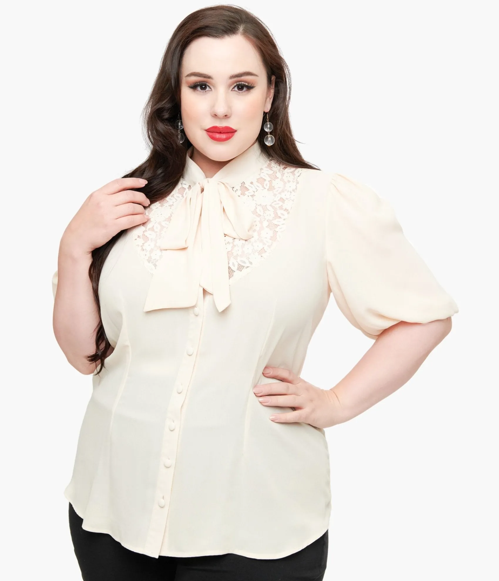 Unique Vintage Plus Size Cream Short Sleeve Neck Tie Gwen Blouse
