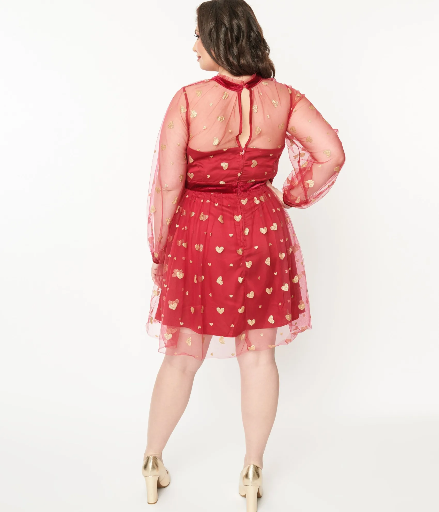 Unique Vintage Plus Size Red & Gold Glitter Heart Flare Dress