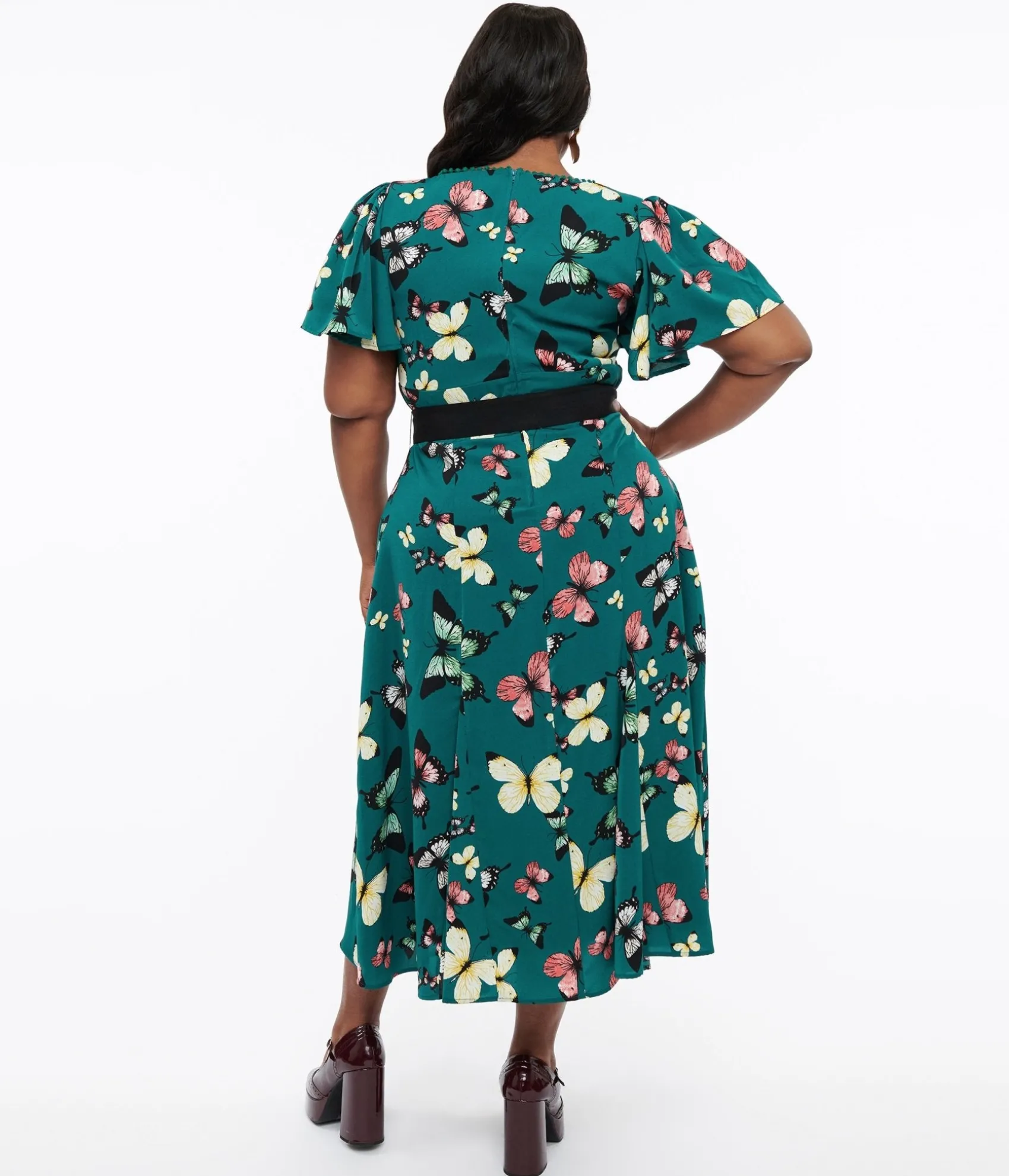 Unique Vintage Plus Size 1940s Green Butterfly Print Midi Dress