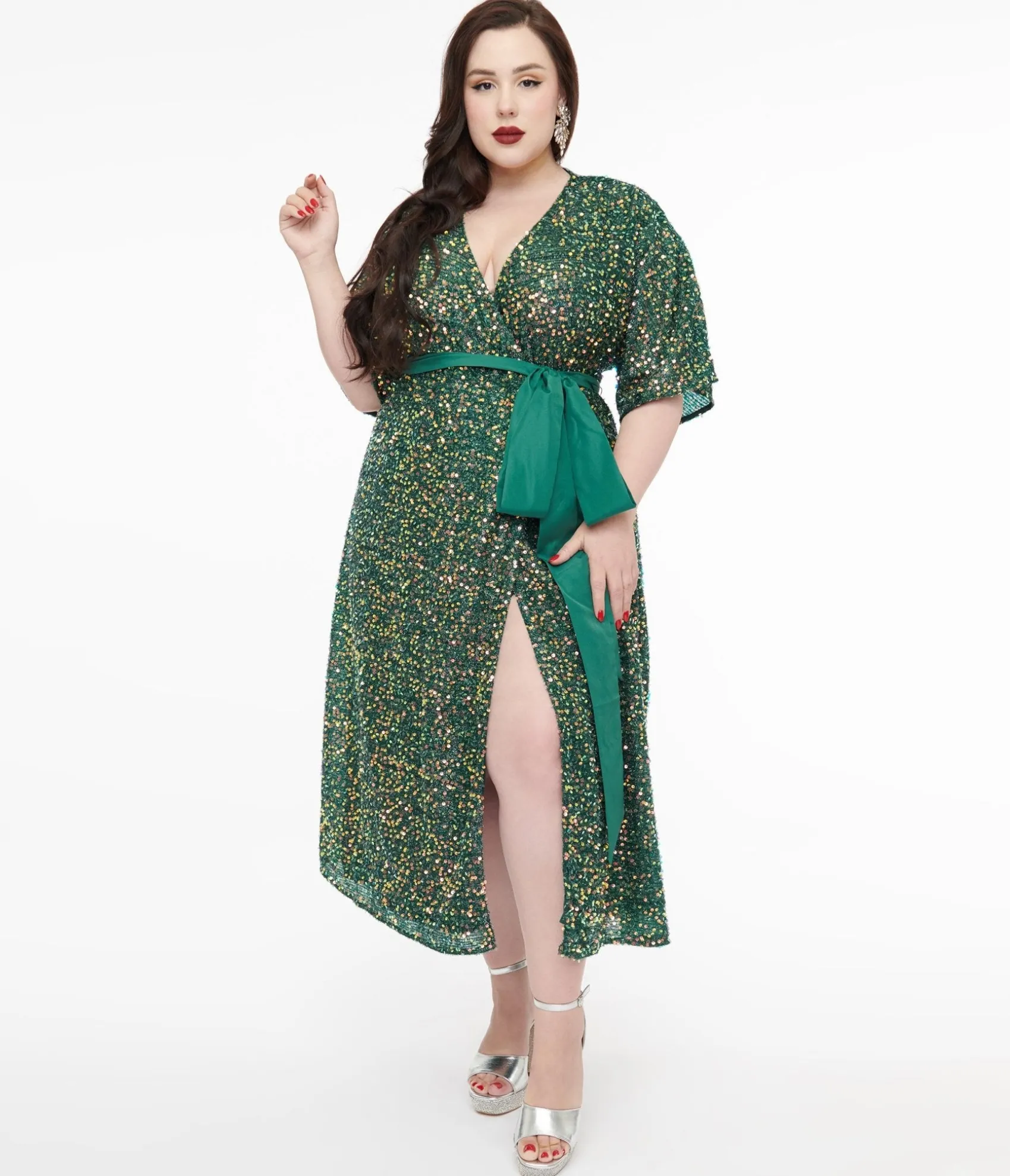 Unique Vintage Plus Size 1960s Green Sequin Wrap Midi Dress