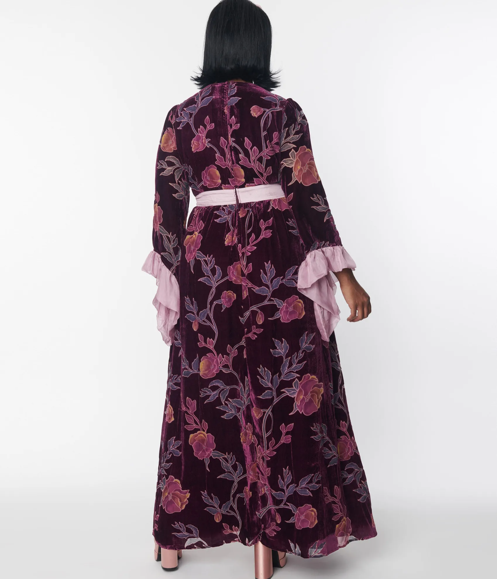 Unique Vintage Plus Size 1970s Purple Floral Burnout Velvet Maxi Dress