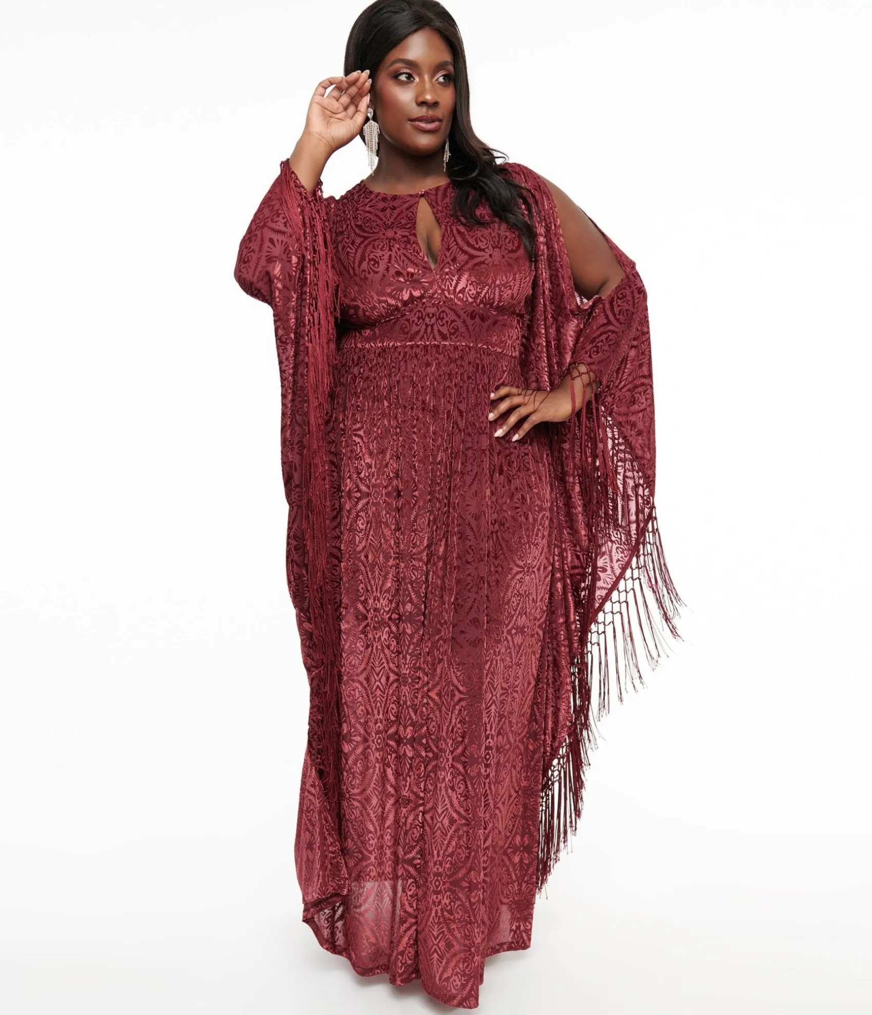 Unique Vintage Plus Size 1960s Burgundy Velvet Burnout Caftan