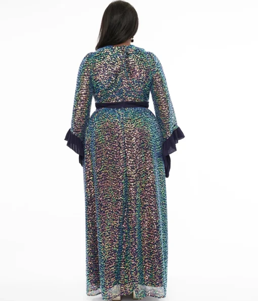 Unique Vintage Plus Size 1970s Navy Glitter Sequin Maxi Dress