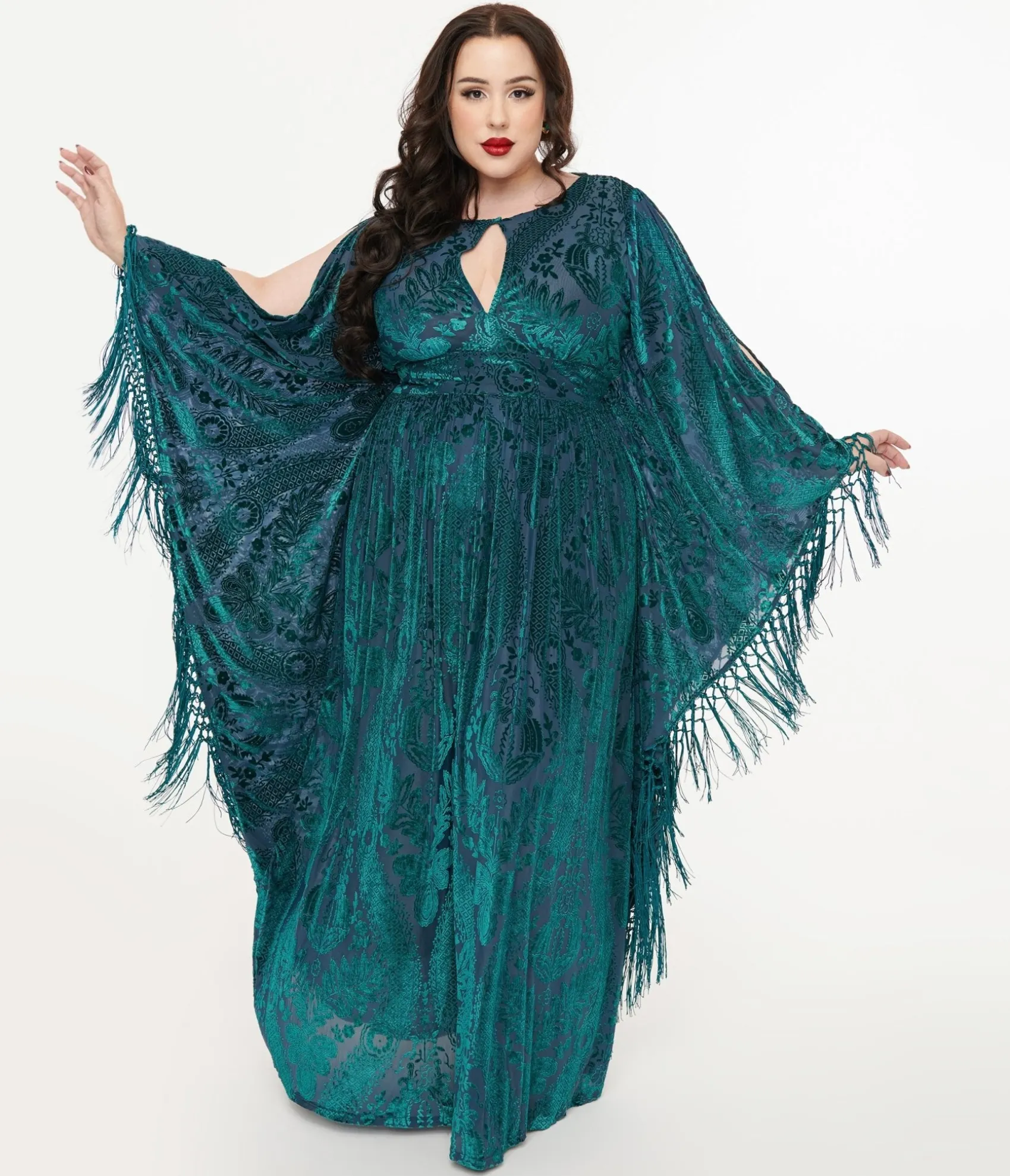 Unique Vintage Plus Size Emerald Floral Fringe Flutter Sleeve Caftan