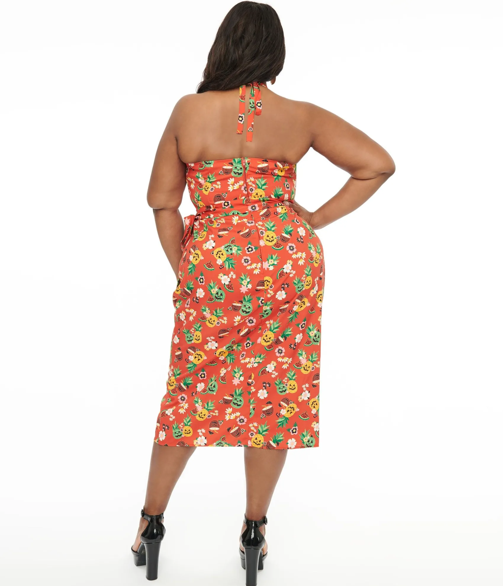 Unique Vintage Plus Size 1950s Rust & June-O-Ween Fruit Print Leilani Sarong Dress