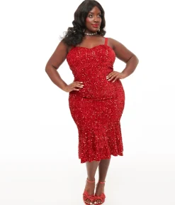 Unique Vintage Plus Size 1970s Red Velvet Sequin Rizzo Wiggle Dress