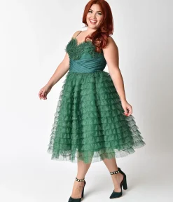 Unique Vintage Plus Size 1950s Emerald Green Ruffled Tulle Sweetheart Cupcake Swing Dress