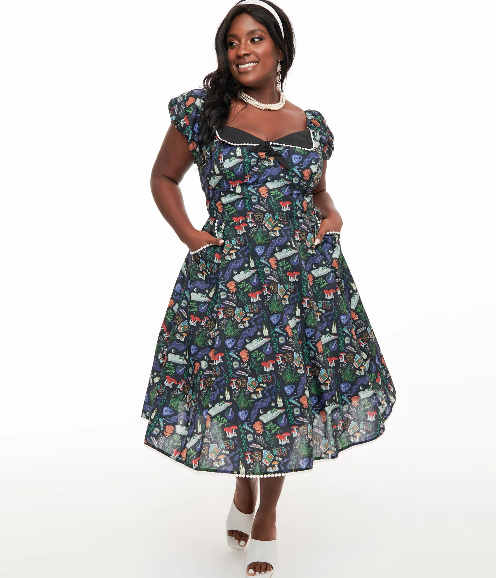 Unique Vintage Plus Size 1950s Black Spellbinding Print Swing Dress