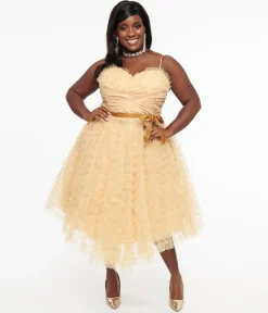 Unique Vintage Plus Size 1950s Gold Glitter Tulle Cupcake Swing Dress