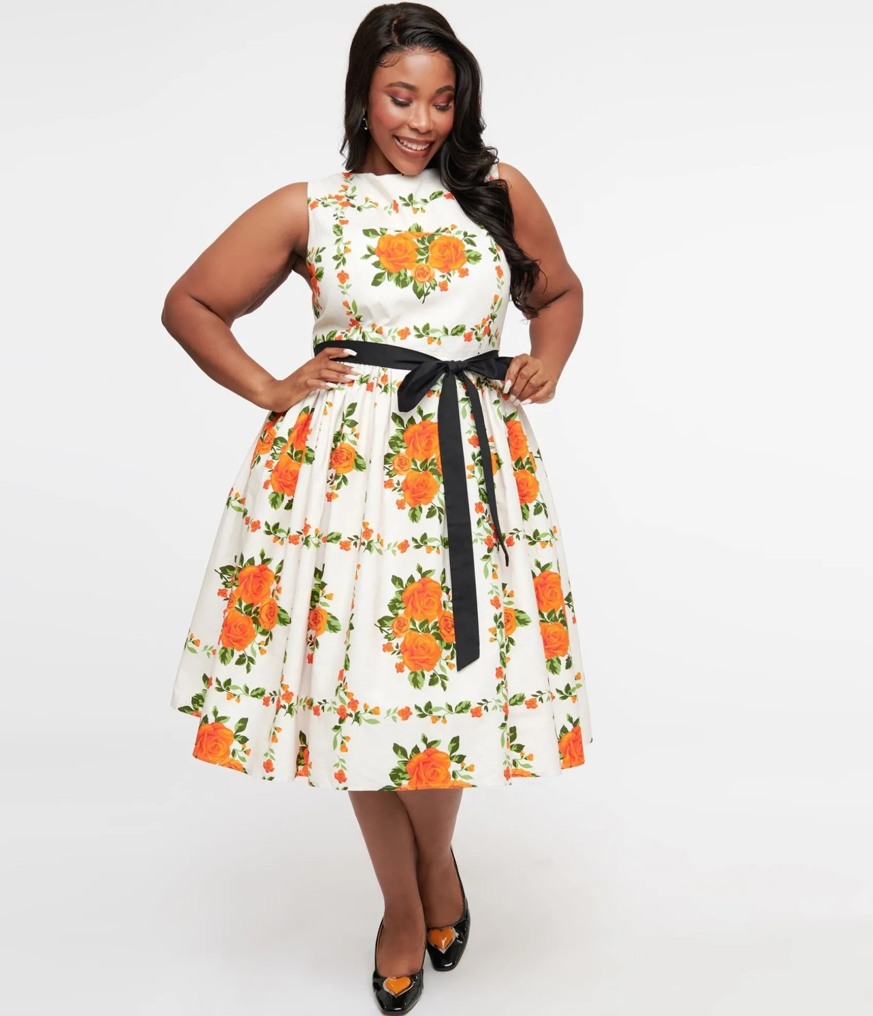 Unique Vintage Plus Size 1950s Orange Fall Floral Sleeveless Swing Dress