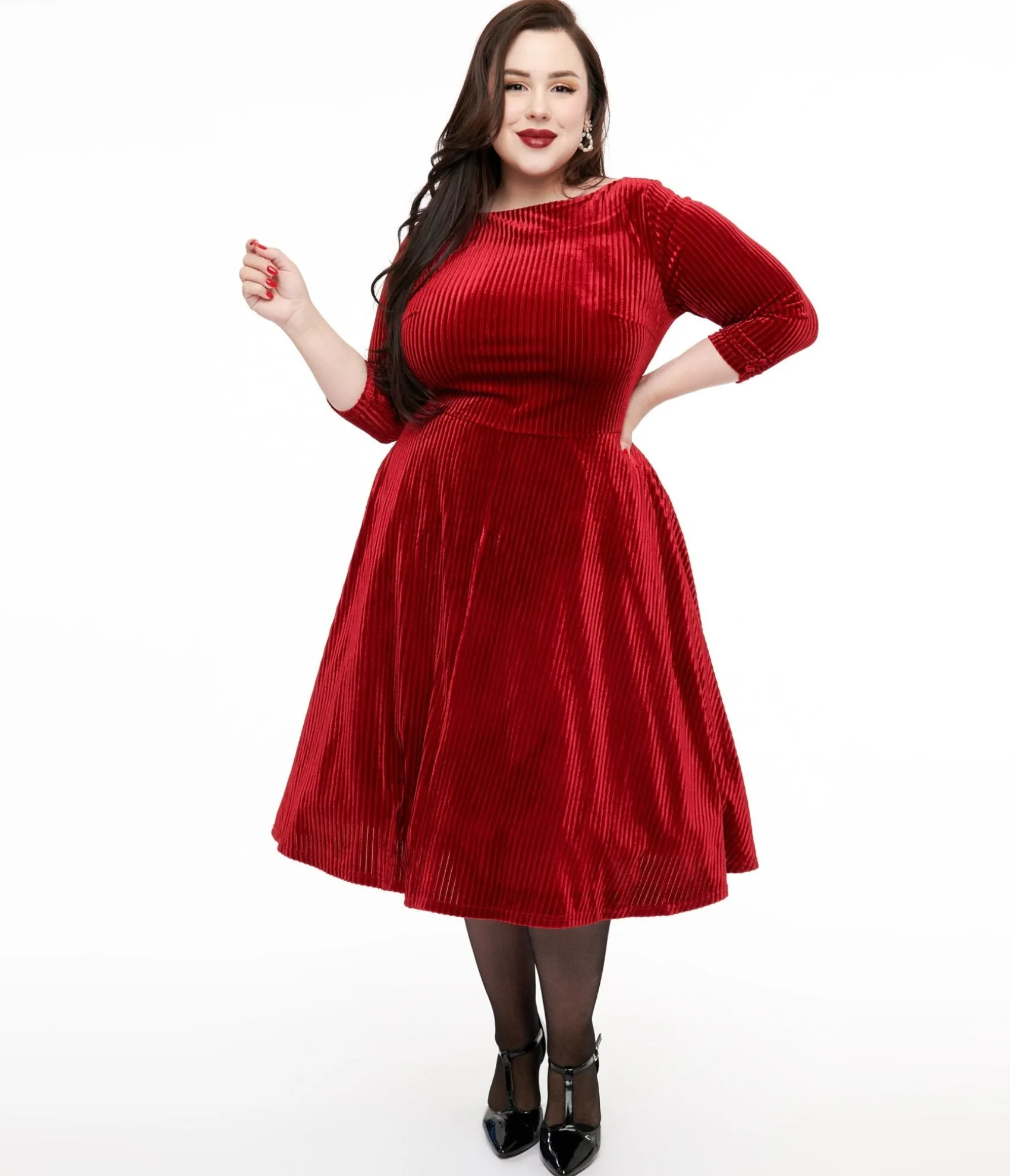 Unique Vintage Plus Size 1950s Burgundy Textured Velvet Devon Swing Dress