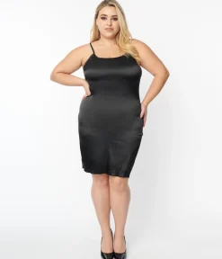 Unique Vintage Plus Size Black Satin Long Slip