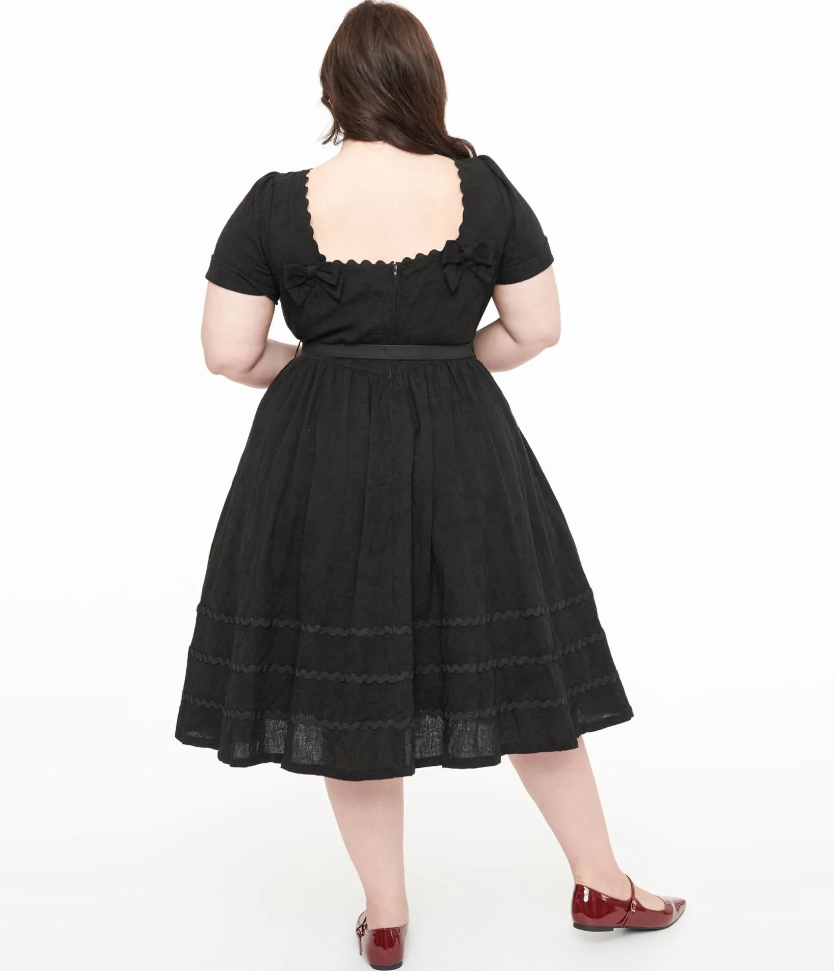 Unique Vintage Plus Size 1950s Black Holiday Floral Pin Cotton Swing Dress