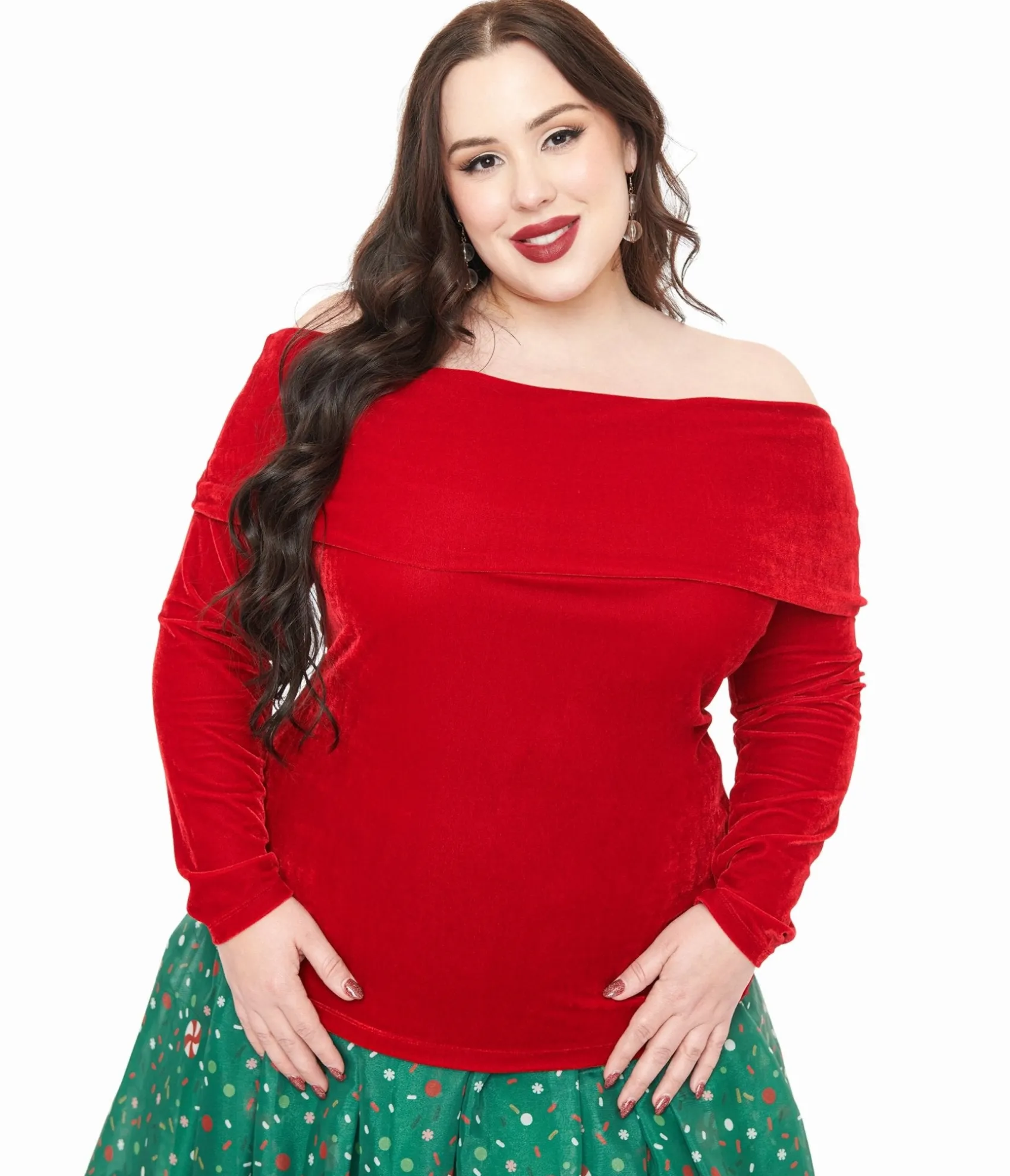 Unique Vintage Plus Size 1960s Red Velvet Folded Shoulder Knit Top