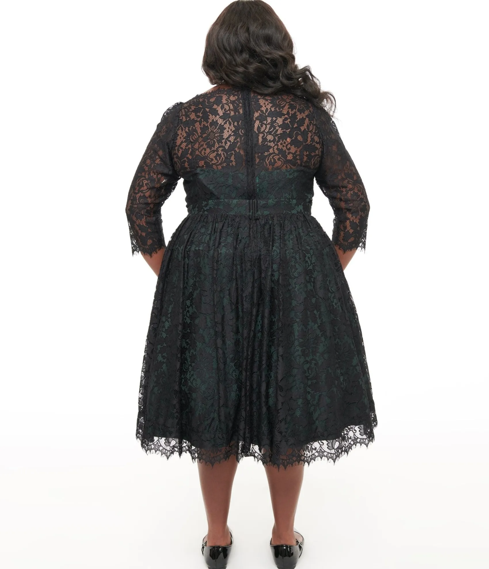 Unique Vintage Plus Size 1940s Black Lace Swing Dress