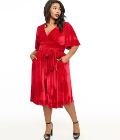 Unique Vintage Plus Size 1940s Red Velvet Flutter Sleeve Swing Dress