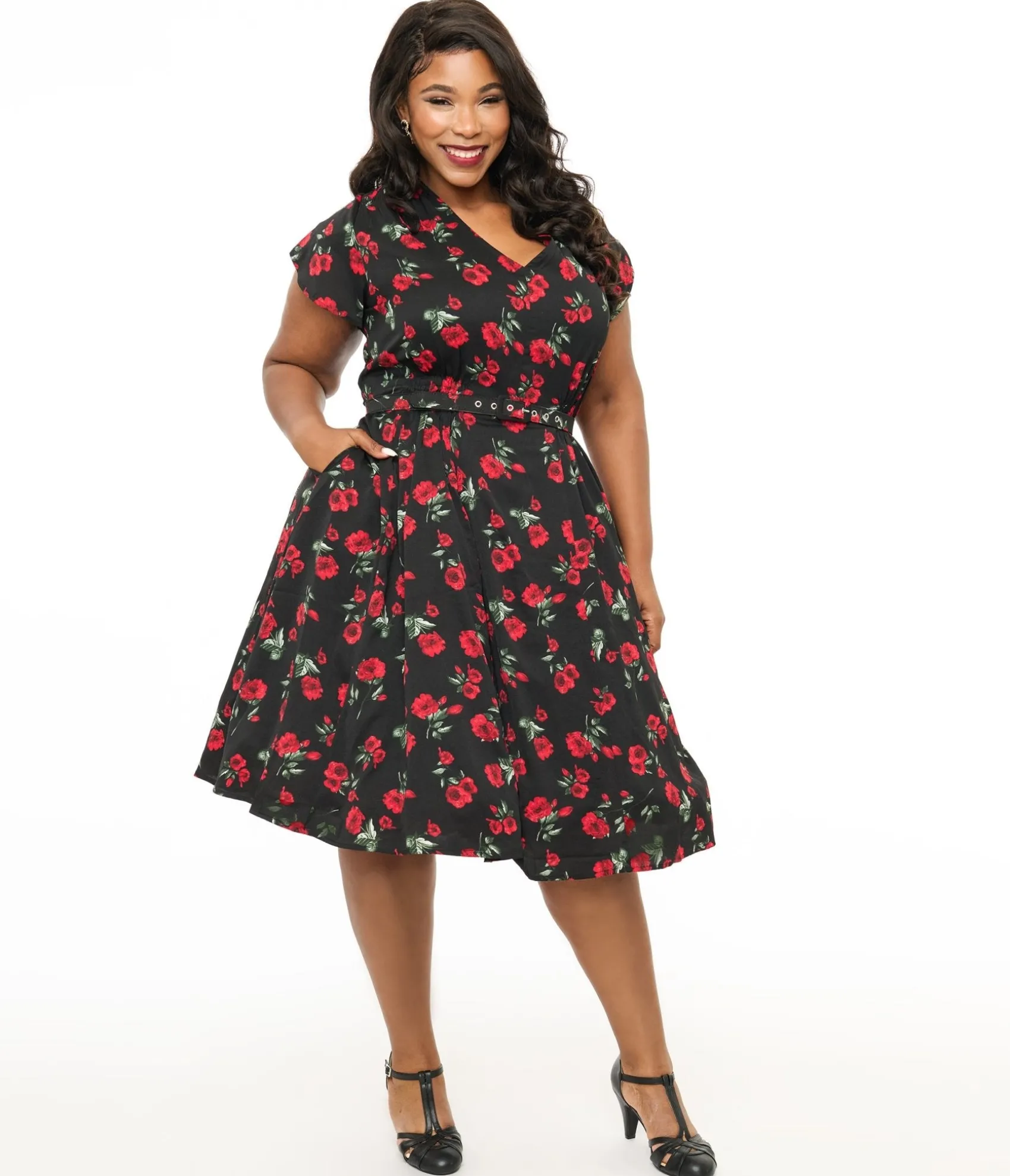 Unique Vintage Plus Size 1940s Black & Red Floral Print Tulip Sleeve Swing Dress