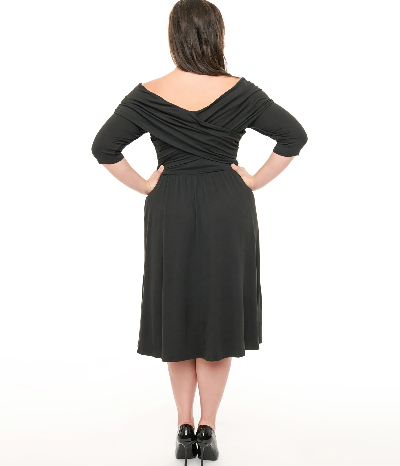 Unique Vintage Plus Size Black Shirred Off Shoulder Swing Dress