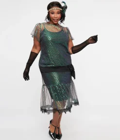 Unique Vintage Plus Size 1920s Iridescent Peacock & Black Bow Flapper Dress