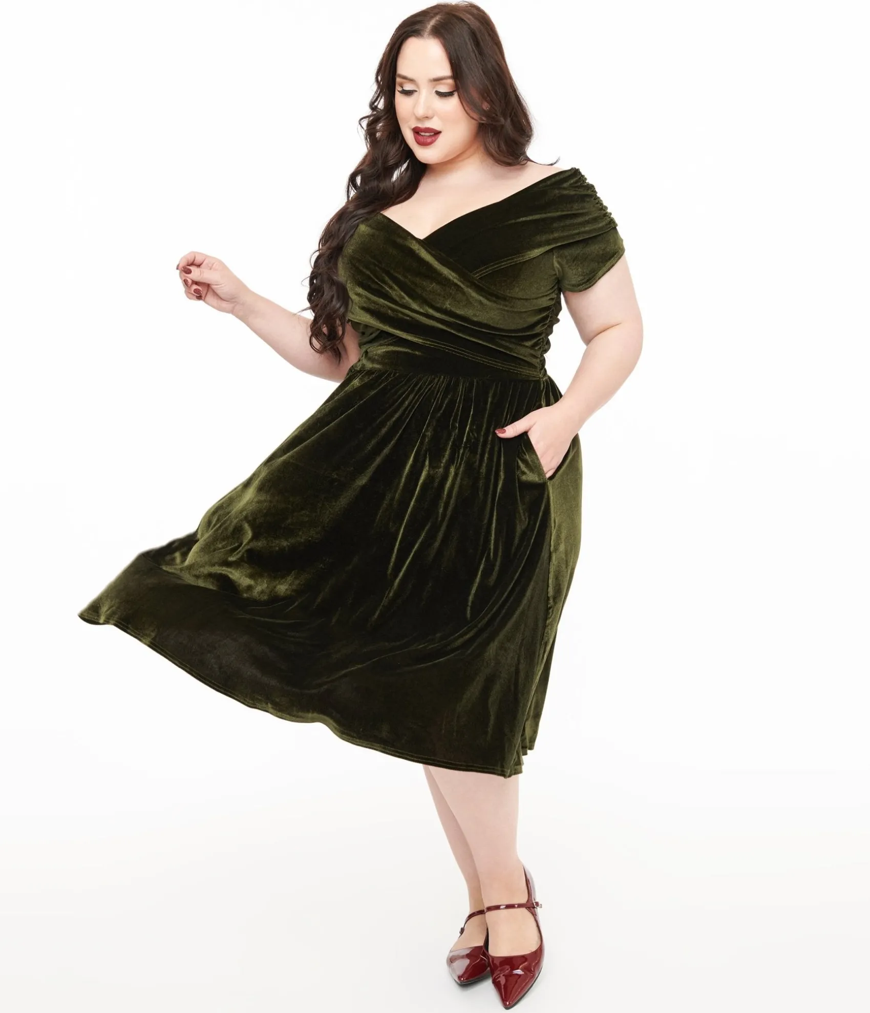 Unique Vintage Plus Size 1950s Olive Green Shirred Velvet Swing Dress