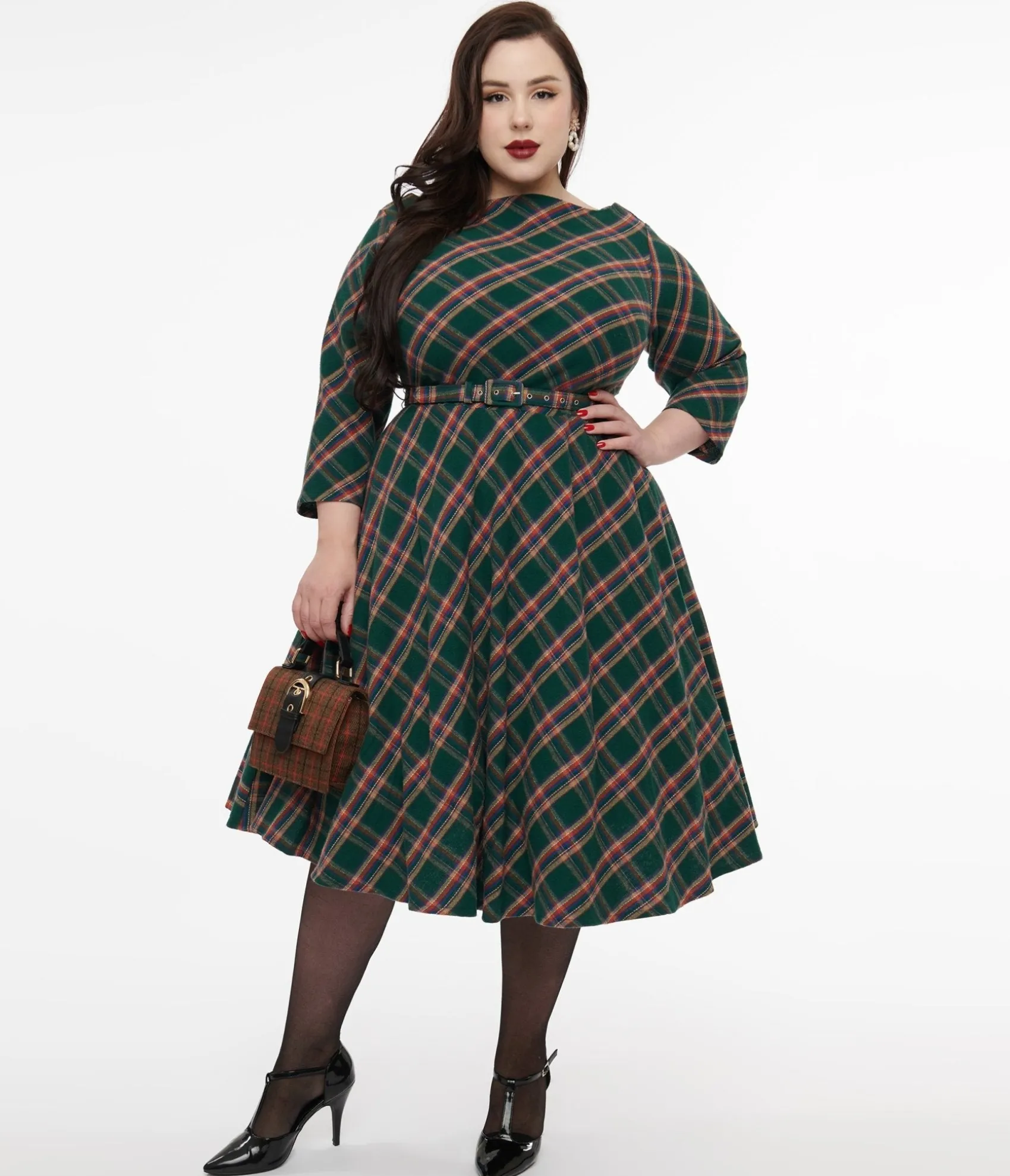 Unique Vintage Plus Size 1950s Green & Tan Plaid Devon Swing Dress