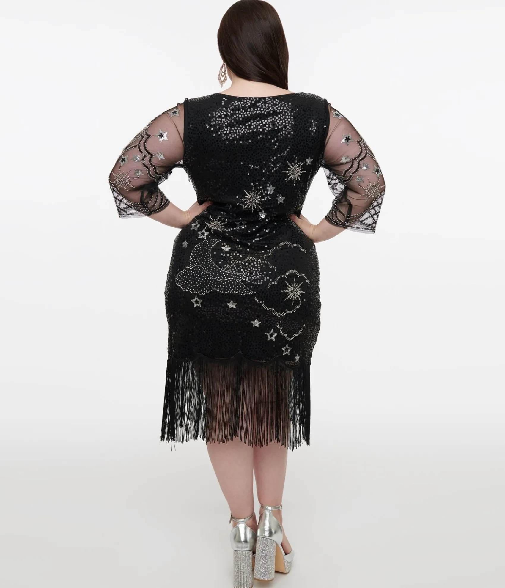 Unique Vintage Plus Size 1920s Black & Silver Moon & Stars Sequin Margaux Flapper Dress