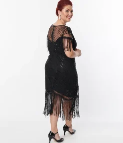 Unique Vintage Plus Size 1920s Black Beaded Fringe Sleeve Nadine Flapper Dress