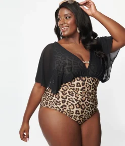 Unique Vintage Plus Size Leopard & Black Mesh Sleeved Torrey Swimsuit