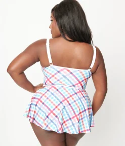 Unique Vintage Plus Size Pastel Madras Plaid Skirted Swimsuit