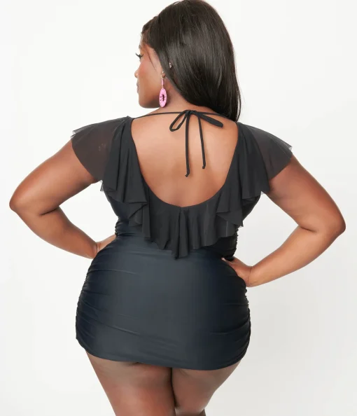 Unique Vintage Plus Size Black Ruffle Sheath Swimsuit