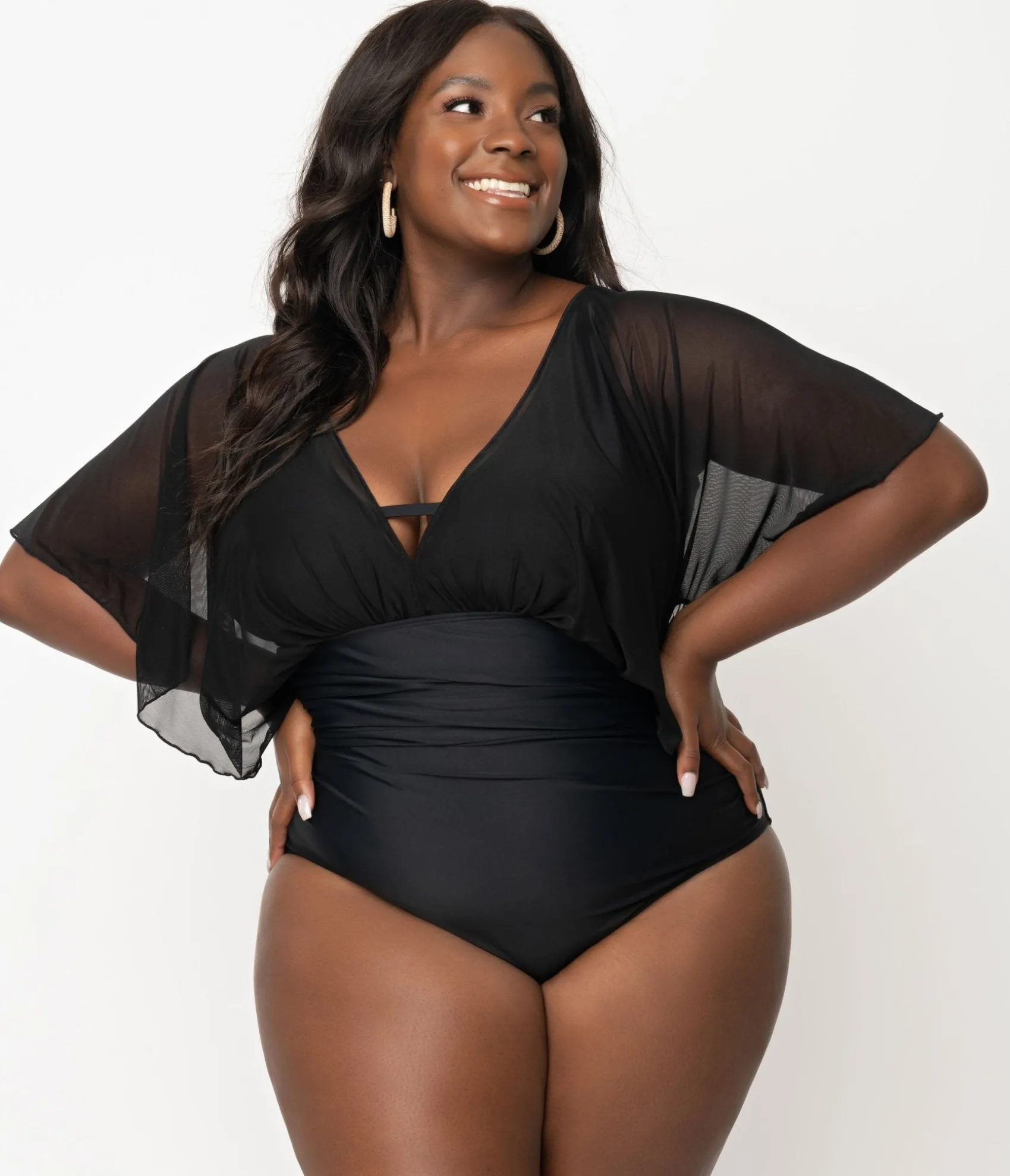 Unique Vintage Plus Size Black Mesh Sleeved Torrey Swimsuit
