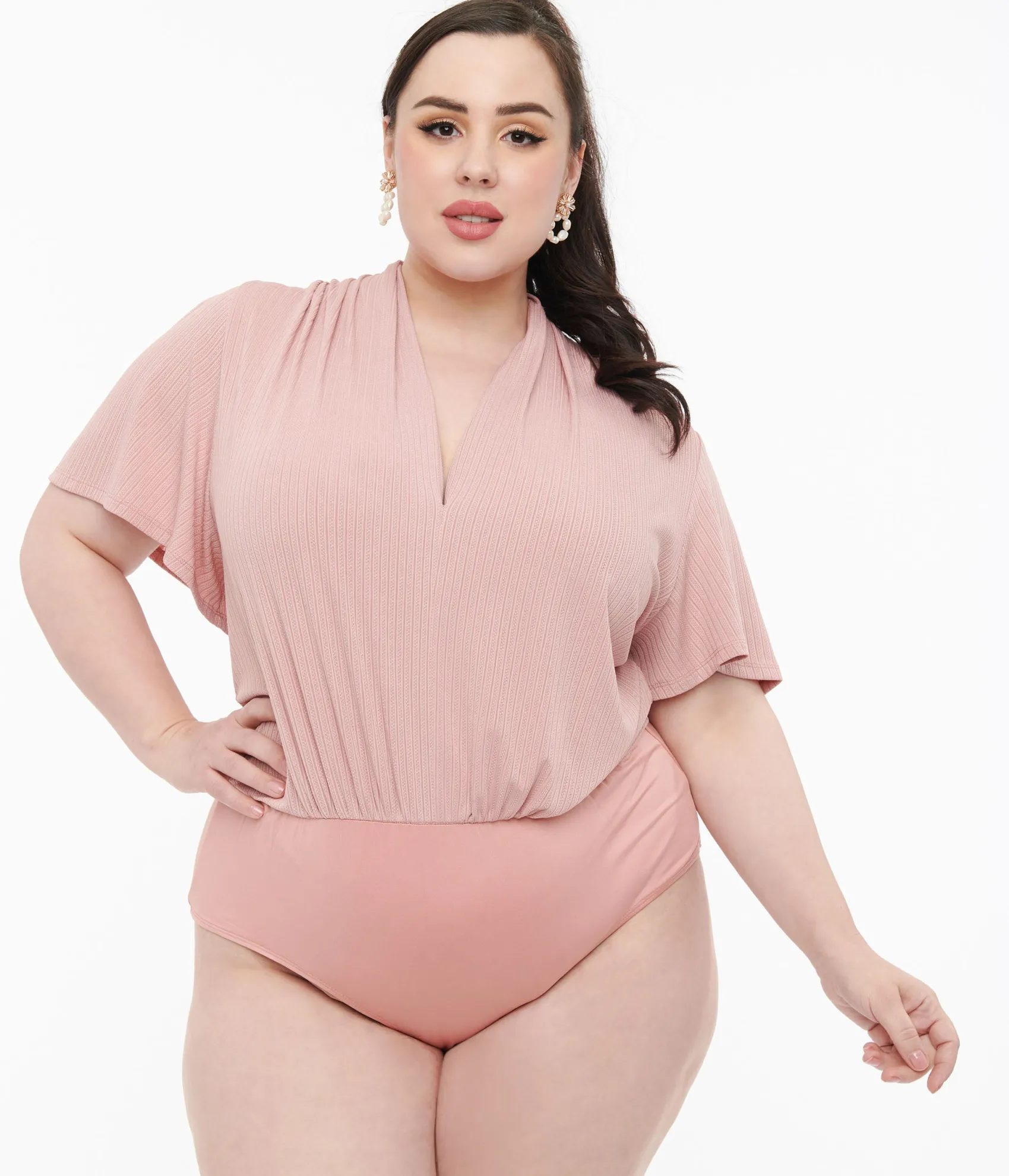 Unique Vintage Plus Size Rose Pink Pointelle Flutter Sleeve Bodysuit