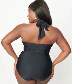 Unique Vintage Plus Size Black Belted Halter Swimsuit